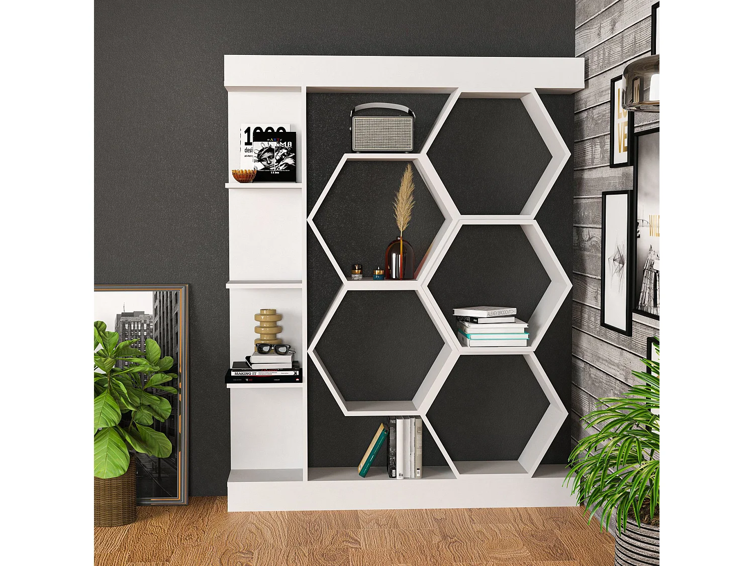 Estante branca moderna, 140 cm x 29,6 cm x 177,4 cm | Painel de partículas 100% revestido de melamina, 18 mm de espessura | Armazenamento el