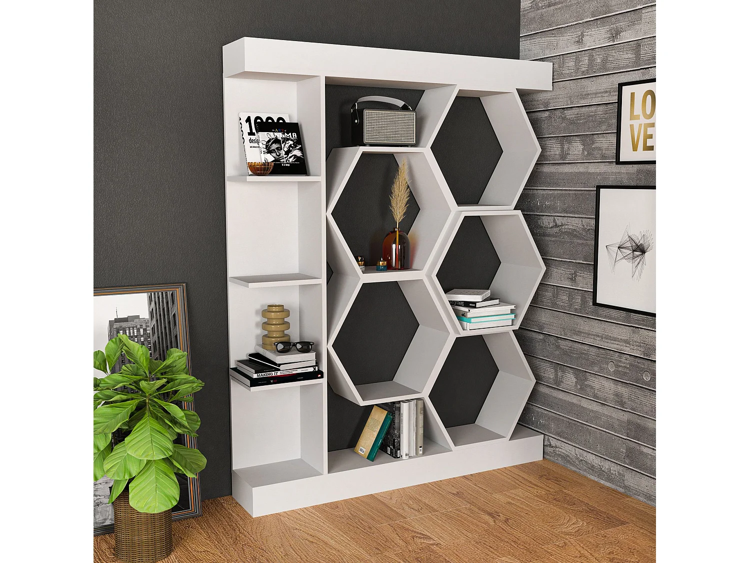 Estante branca moderna, 140 cm x 29,6 cm x 177,4 cm | Painel de partículas 100% revestido de melamina, 18 mm de espessura | Armazenamento el