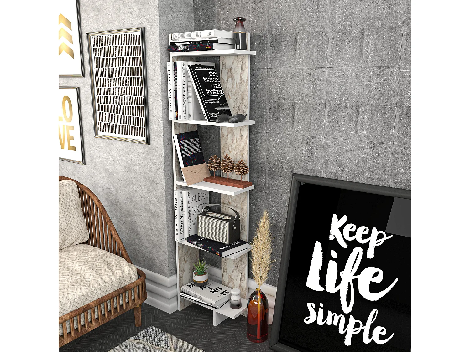 Estante branca moderna, 180 cm de altura, 45,2 cm de largura, 21,6 cm de profundidade | Painel de partículas 100% revestido de melamina, 18