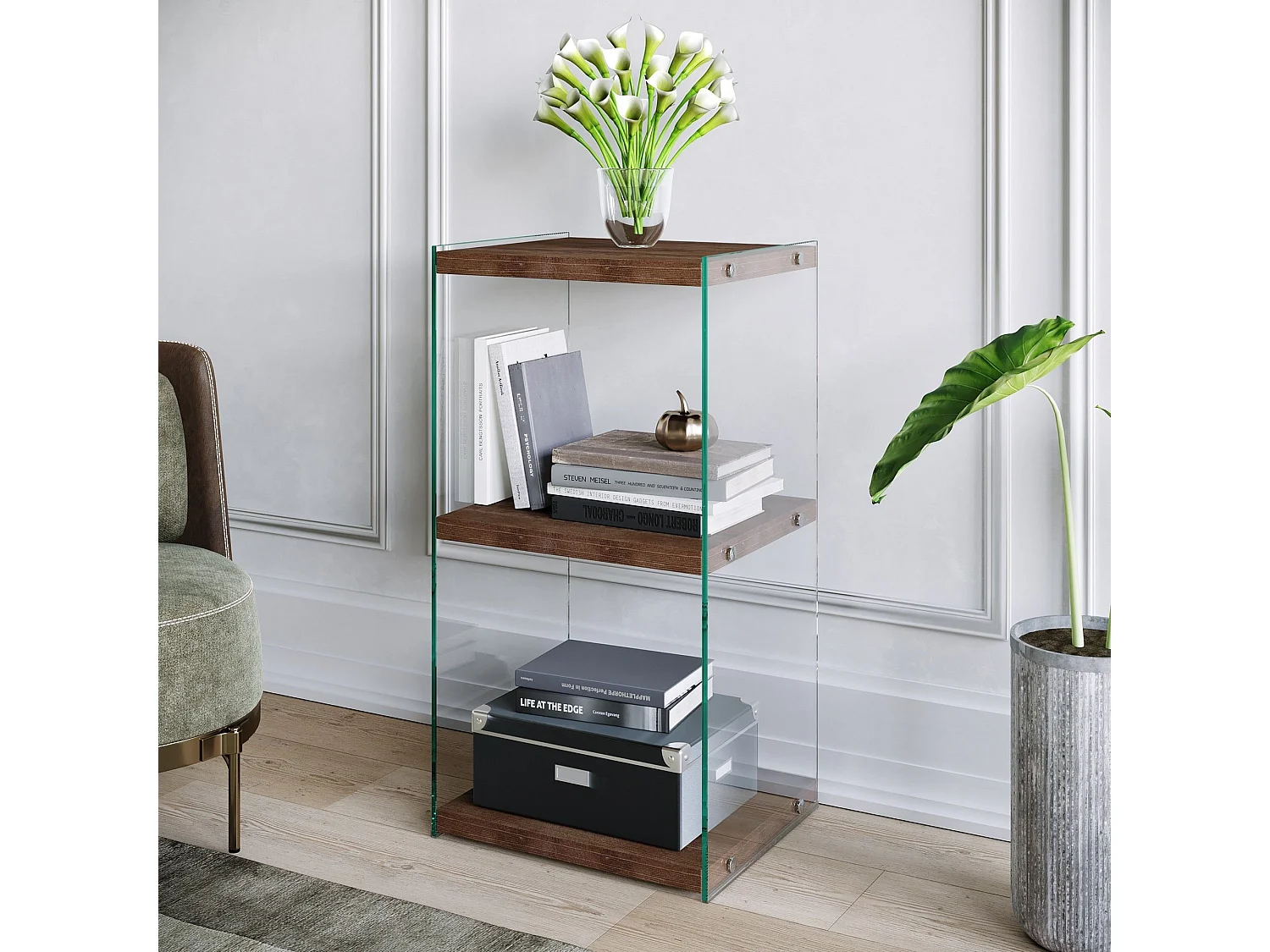 Table d'appoint Translucens L40xH80cm Pin massif foncé et Verre Transparent