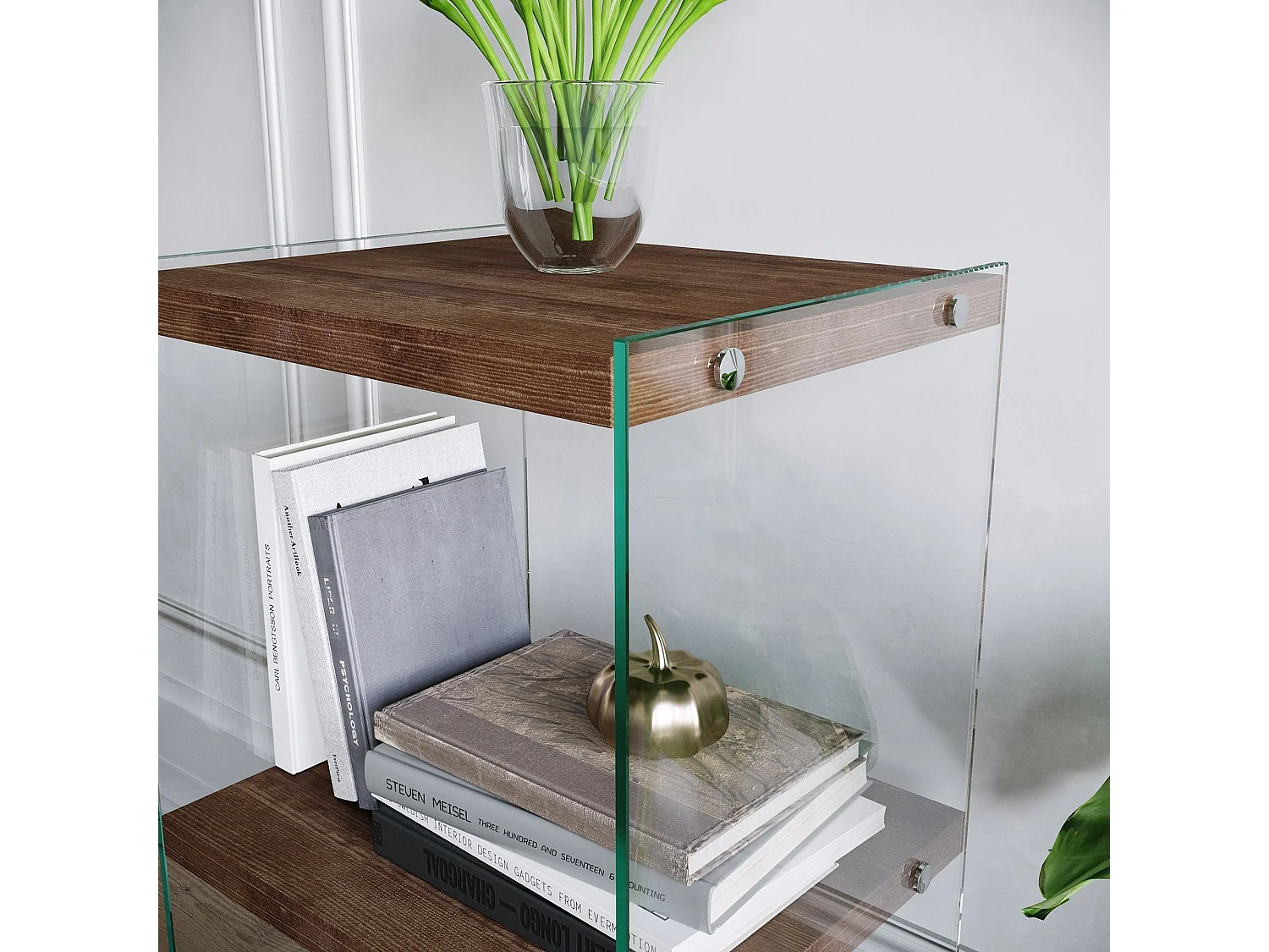 Table d'appoint Translucens L40xH80cm Pin massif foncé et Verre Transparent