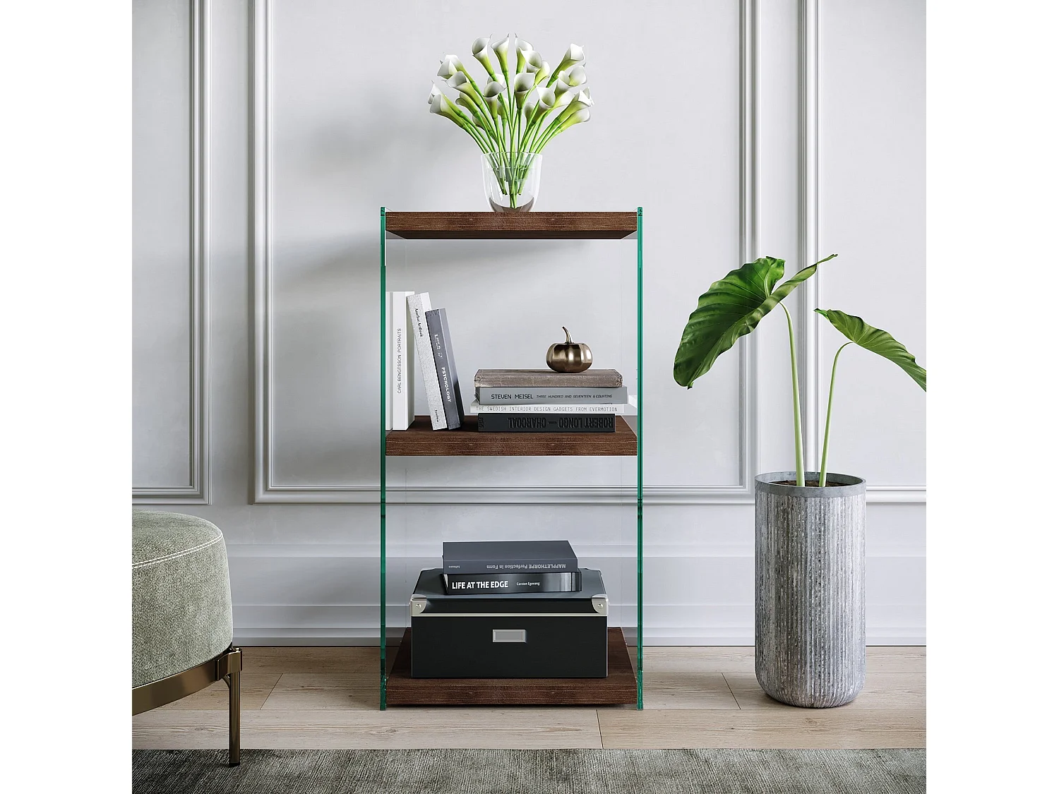 Table d'appoint Translucens L40xH80cm Pin massif foncé et Verre Transparent