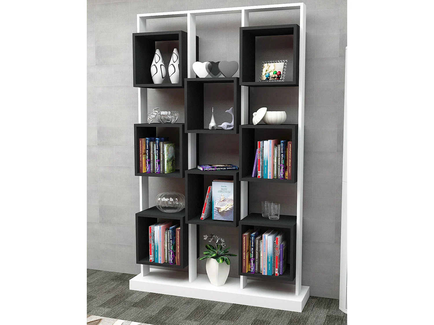 Estante moderna – 120 cm x 188 cm x 29,5 cm – Preto e Branco – Painel de partículas revestido de melamina