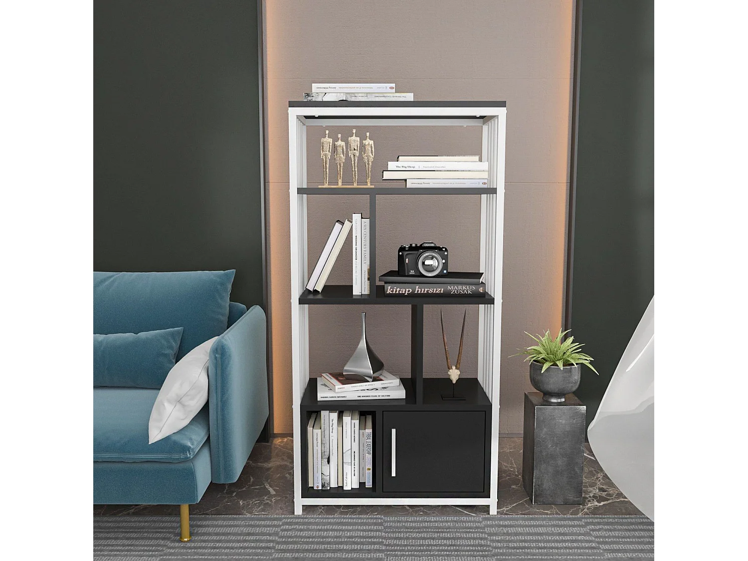 Estante elegante em preto e branco, 60 cm x 120 cm x 29,6 cm | Painel de partículas 100% revestido em melamina, 18 mm de espessura | Perfeit