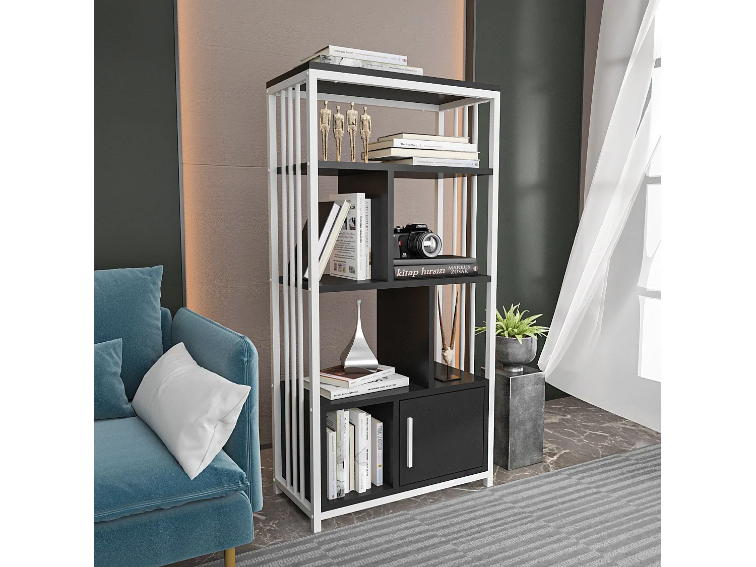 Estante elegante em preto e branco, 60 cm x 120 cm x 29,6 cm | Painel de partículas 100% revestido em melamina, 18 mm de espessura | Perfeit