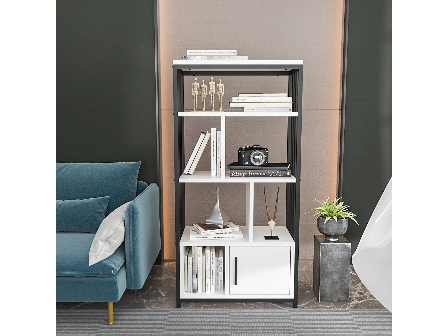 Elegante librería en blanco y negro, 60 x 120 x 29,6 cm | Tablero de partículas 100 % melaminado, 18 mm de grosor | Perfecta para la decorac