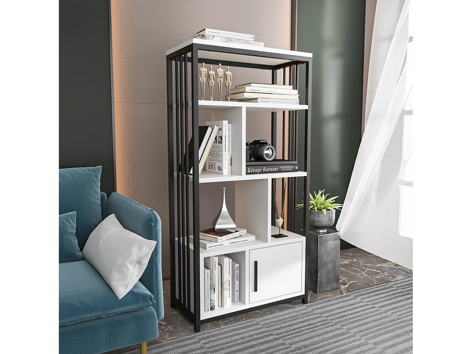 Elegante librería en blanco y negro, 60 x 120 x 29,6 cm | Tablero de partículas 100 % melaminado, 18 mm de grosor | Perfecta para la decorac