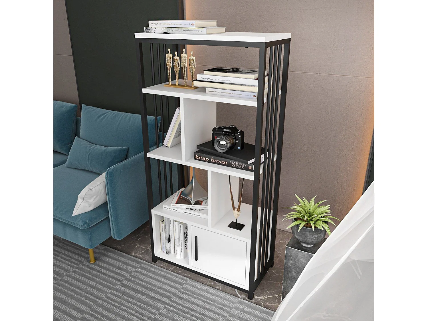 Elegante librería en blanco y negro, 60 x 120 x 29,6 cm | Tablero de partículas 100 % melaminado, 18 mm de grosor | Perfecta para la decorac