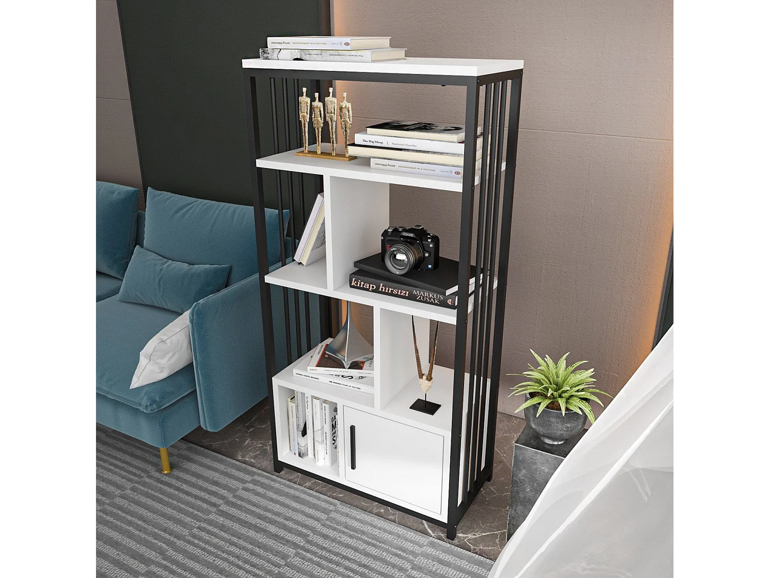 Elegante librería en blanco y negro, 60 x 120 x 29,6 cm | Tablero de partículas 100 % melaminado, 18 mm de grosor | Perfecta para la decorac