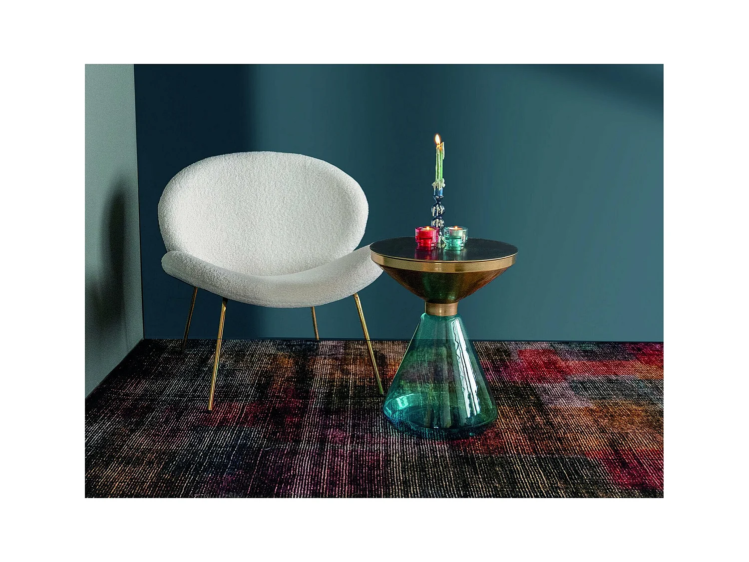 Table d'Appoint Élégante Conique en Verre Bleu et Laiton