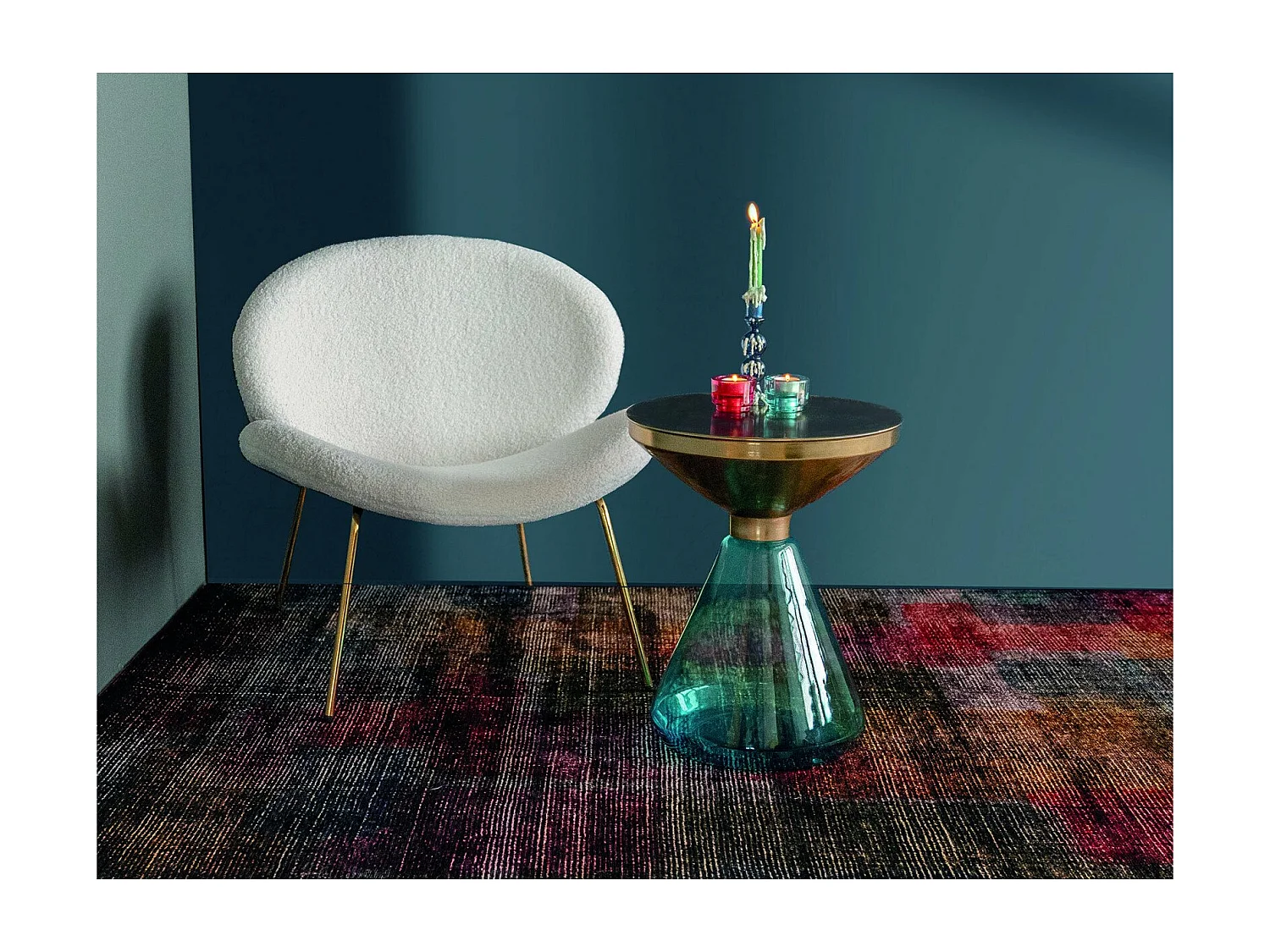 Table d'Appoint Élégante Conique en Verre Bleu et Laiton