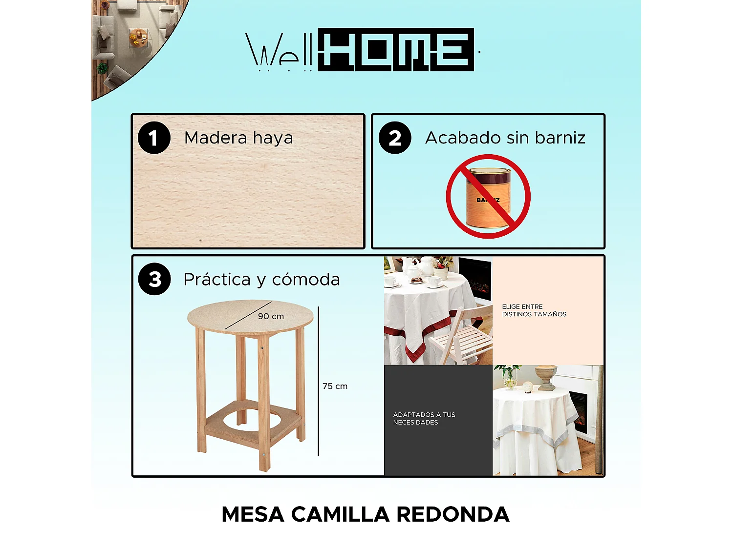 Table Camilla Gazte, finition sans vernis, 90x90x75 cm