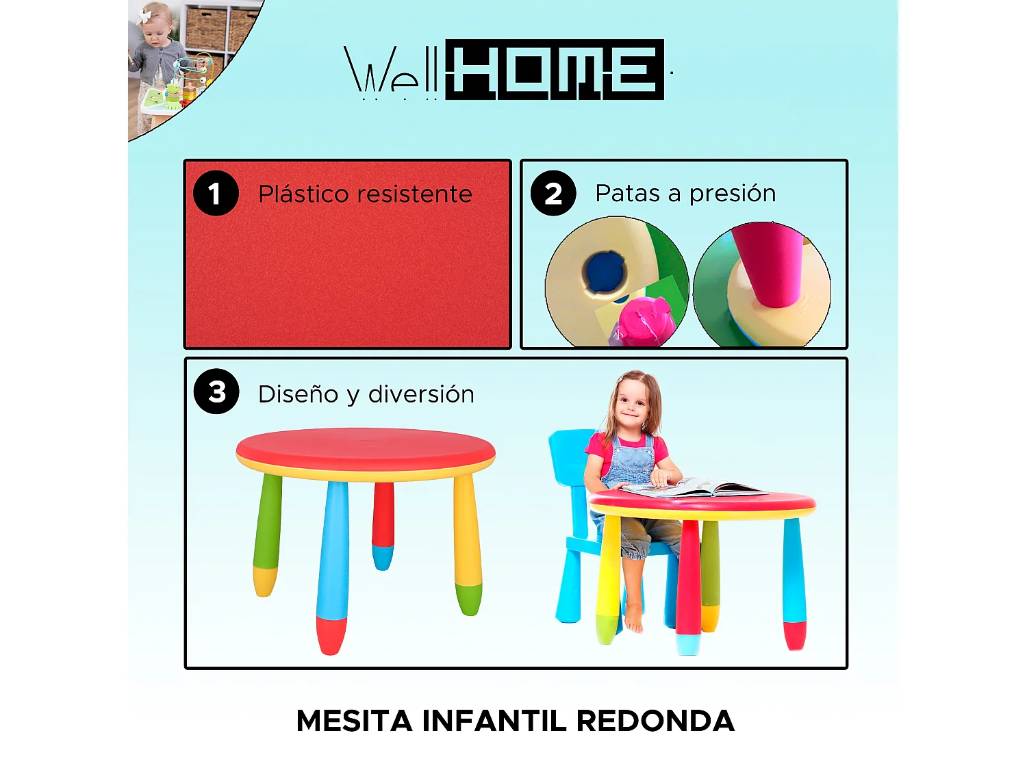 Table ronde rouge pour enfants, en plastique, Ø70 x H.48cm