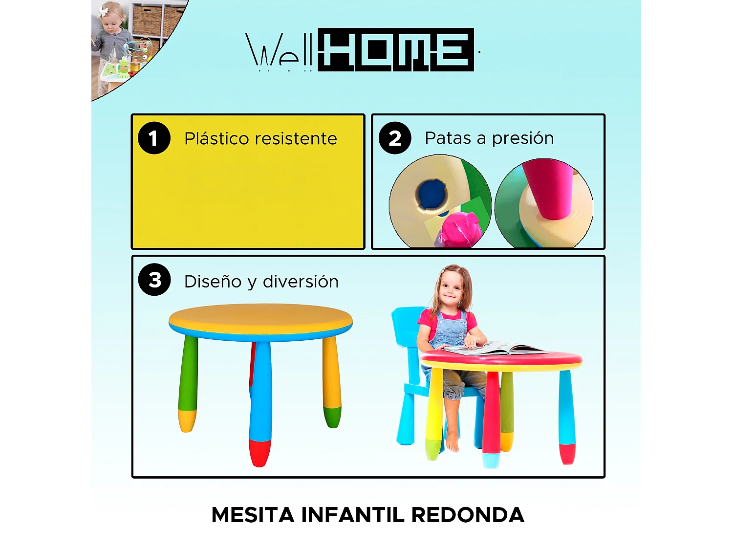 Table ronde pour enfants jaune, en plastique, Ø70 x H.48cm