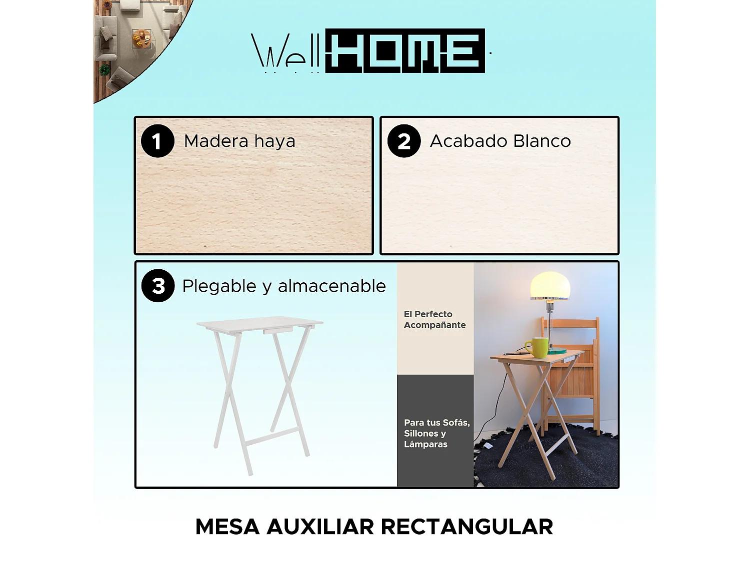 Table auxiliaire rectangulaire pliant, vide d'extrémité, 48x35x64 cm