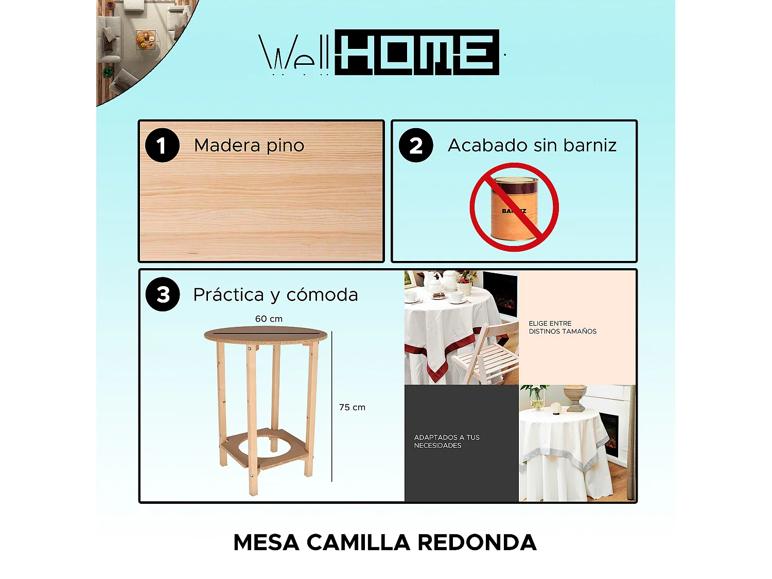 Table Camilla Gazte, finition sans vernis, 60x60x75 cm