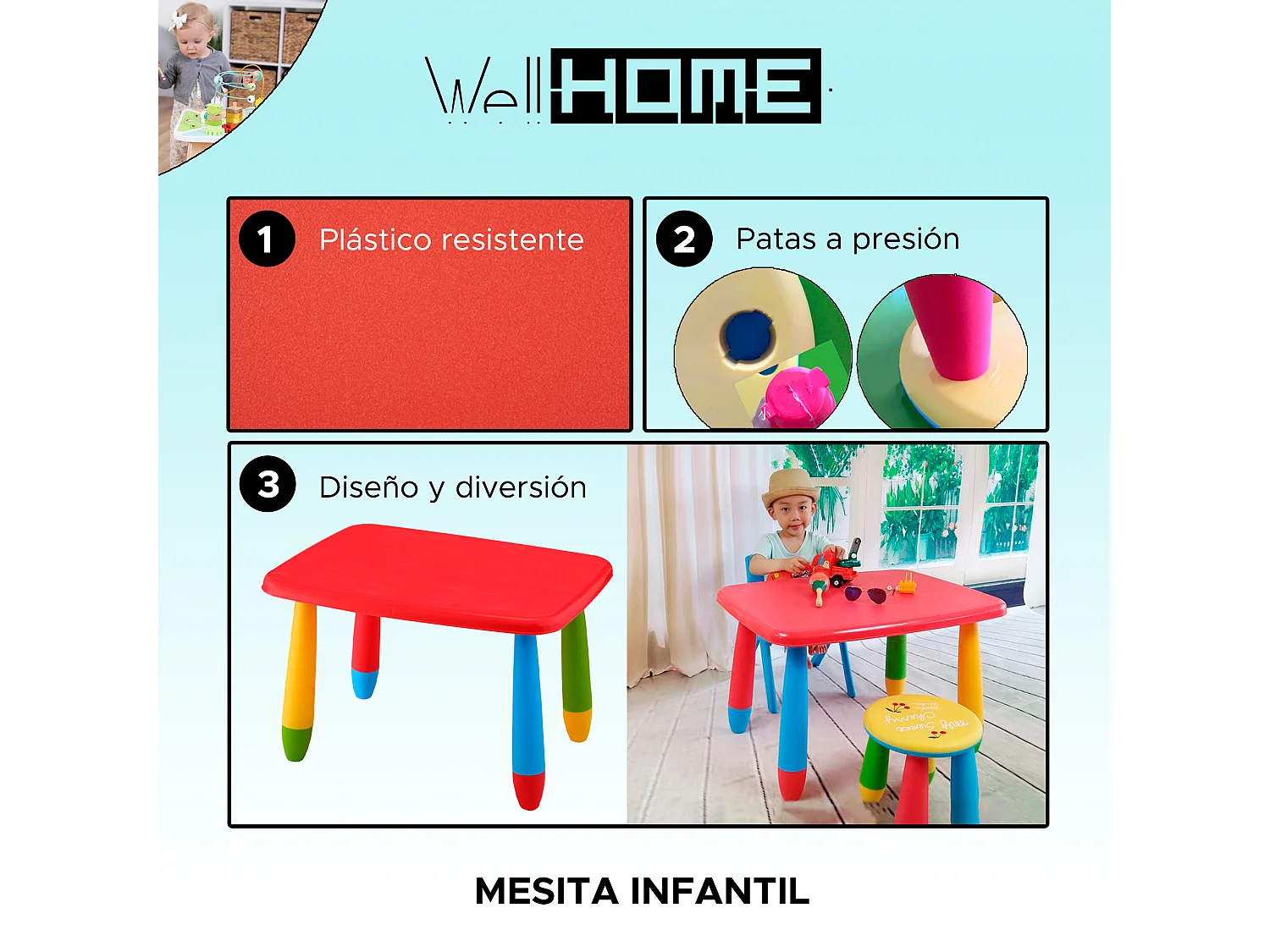 Table enfant rectangulaire rouge, en plastique, L:73 cm x F:58 cm x H:48 cm