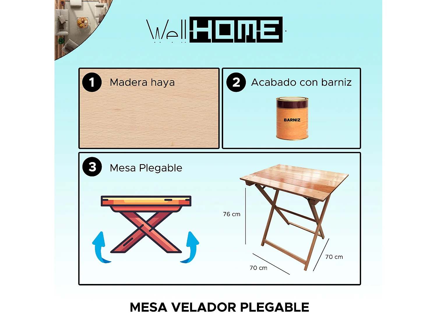 Table pliante, finition vernie, 70x70x76 cm