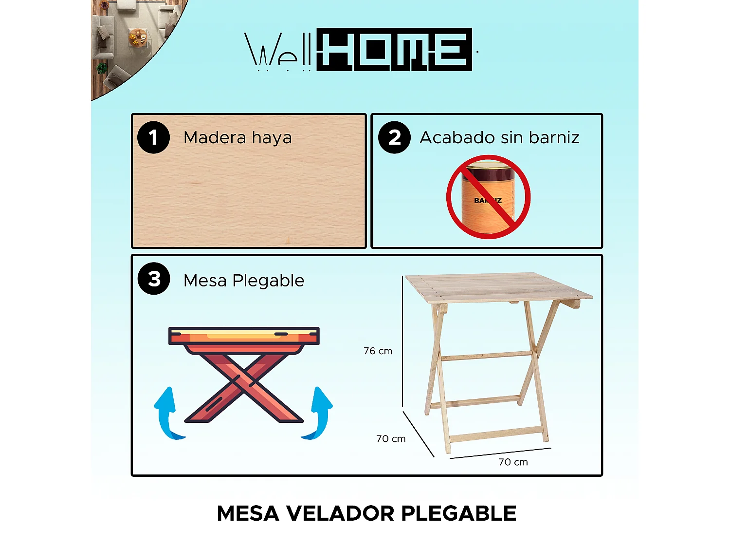 Table pliante à lattes, finition non vernie, 70x70x76 cm