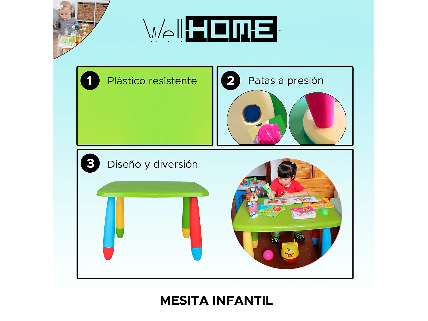 Table rectangulaire verte pour enfants, en plastique, L:73 cm x F:58 cm x H:48 cm