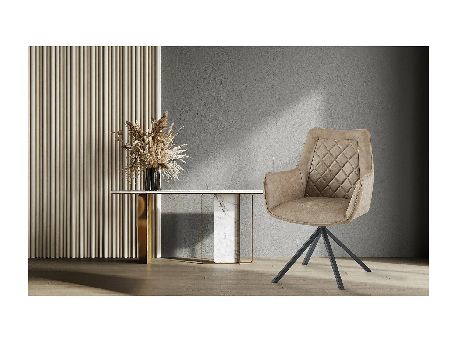 Fauteuil Pivotant Élégant en Velours Beige et Métal Noir