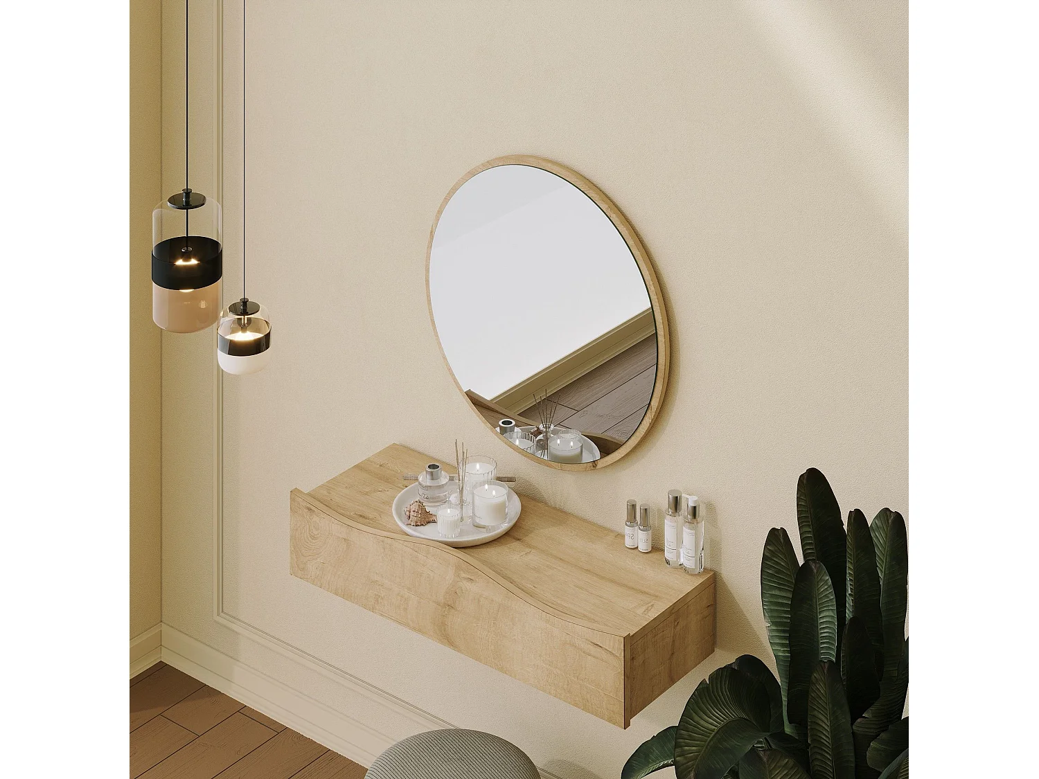 Coiffeuse murale L80cm avec miroir D60cm Serane chêne clair