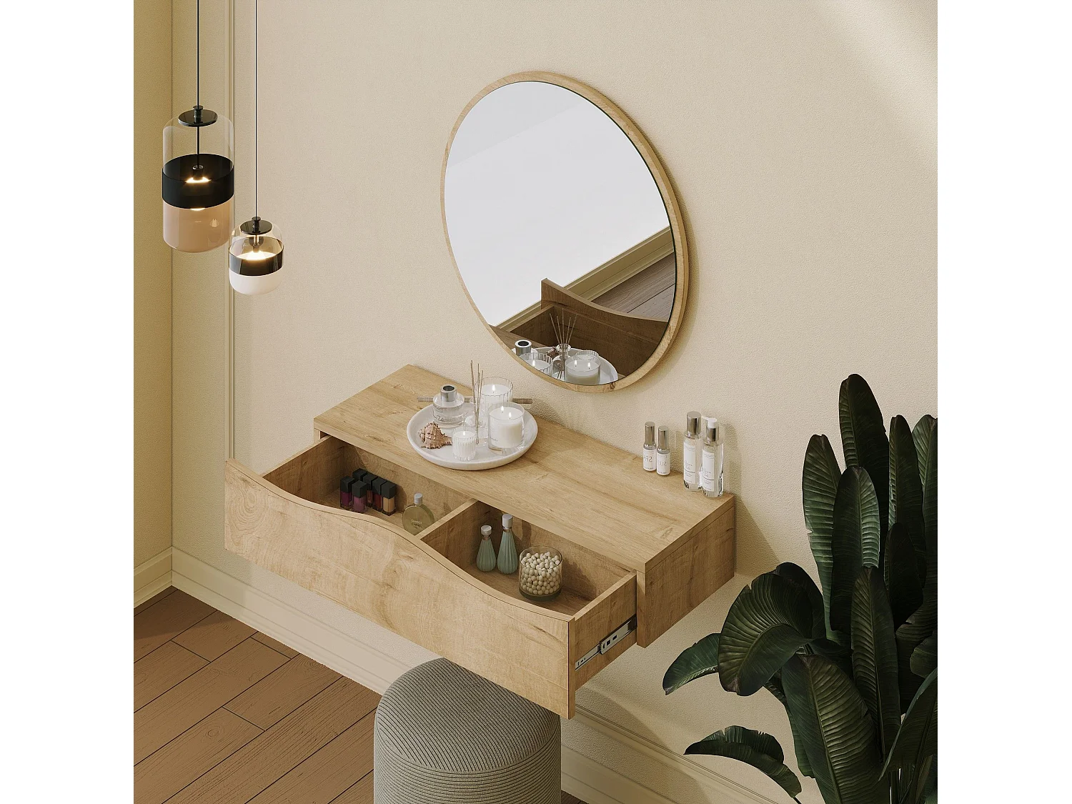 Coiffeuse murale L80cm avec miroir D60cm Serane chêne clair