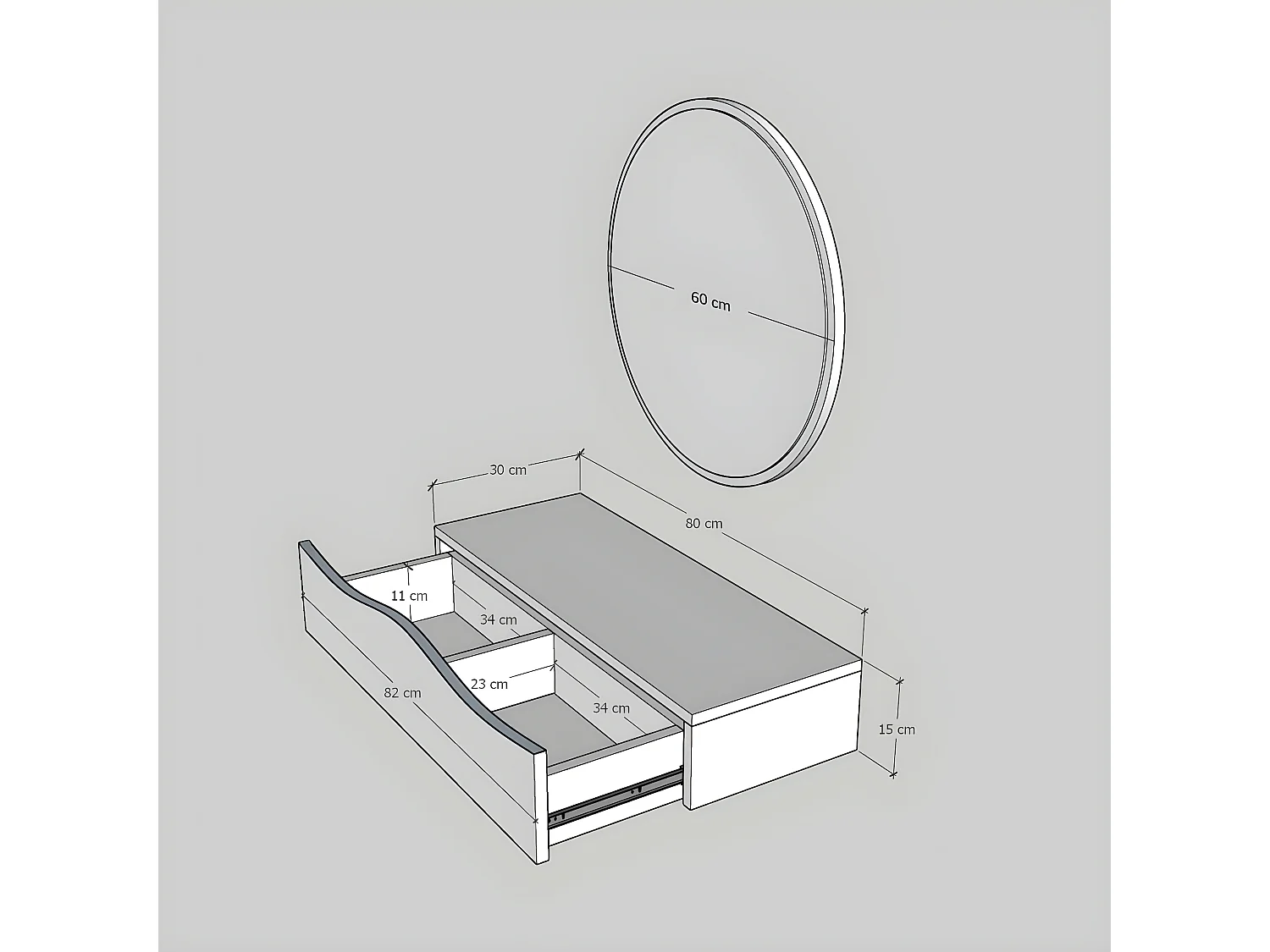 Coiffeuse murale L80cm avec miroir D60cm Serane chêne clair