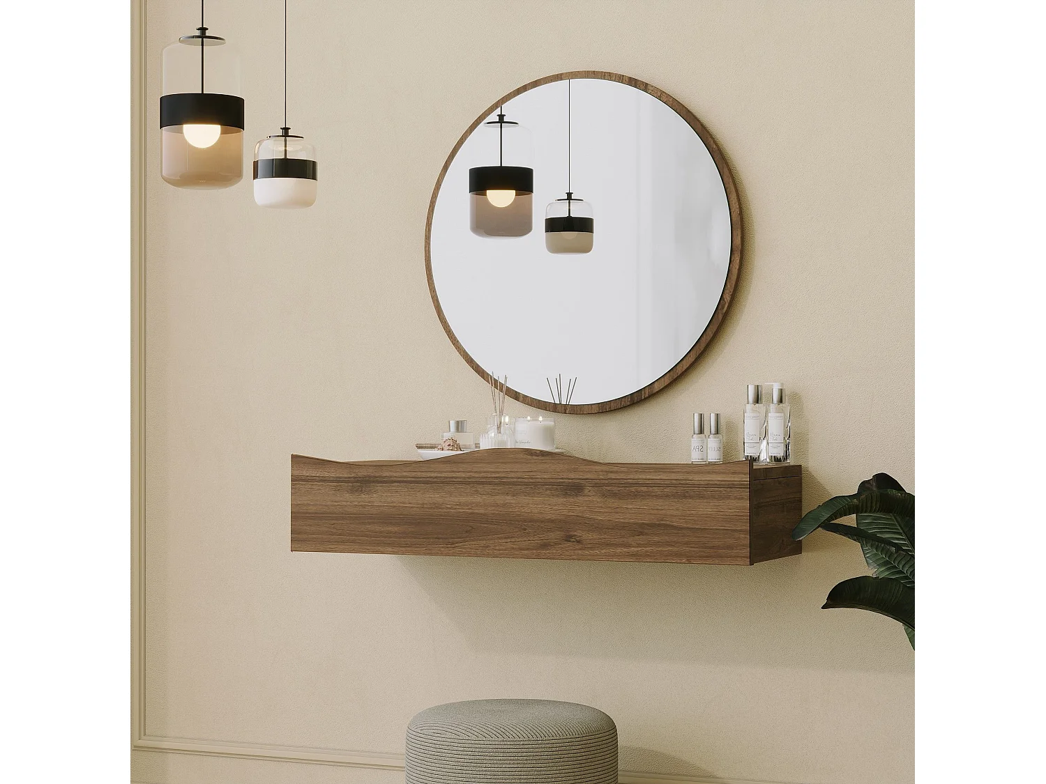 Coiffeuse murale L80cm avec miroir D60cm Serane Bois foncé