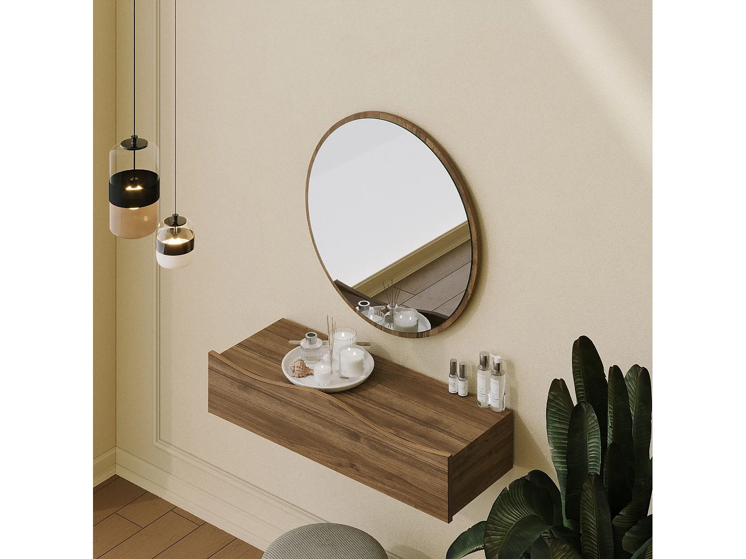 Coiffeuse murale L80cm avec miroir D60cm Serane Bois foncé