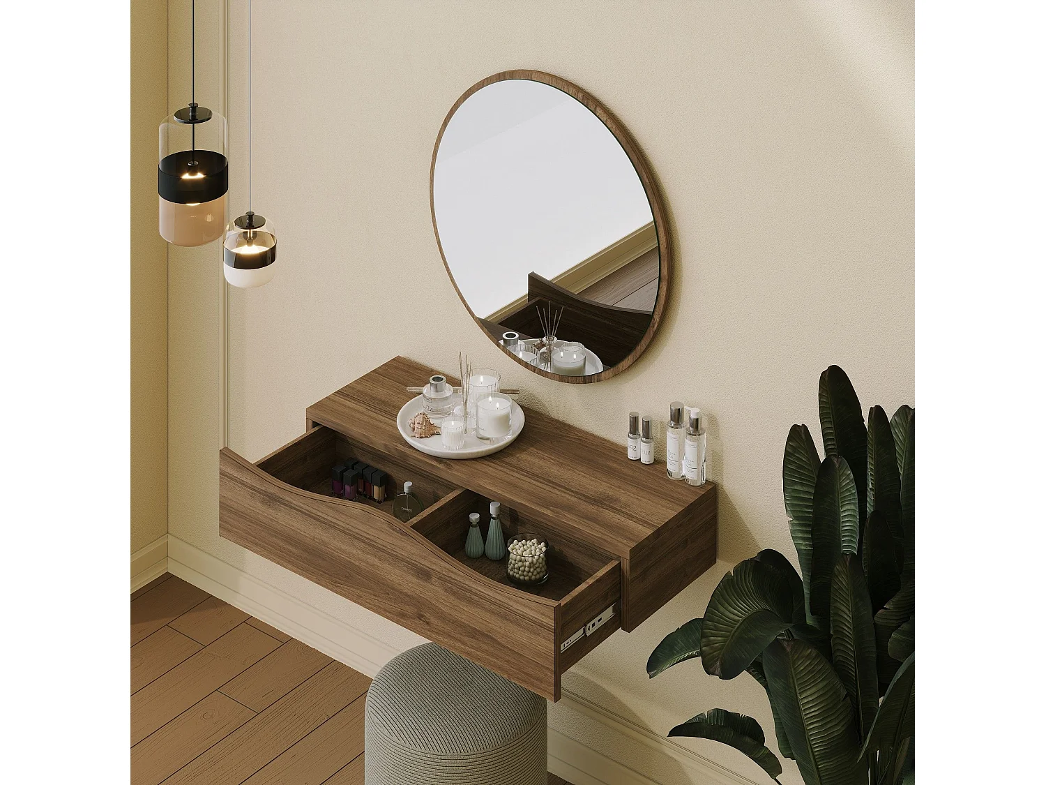 Coiffeuse murale L80cm avec miroir D60cm Serane Bois foncé