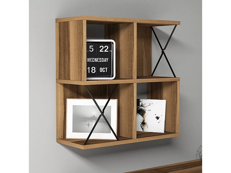 Estante de pared moderno – 60 x 60 x 24 cm – nogal y negro – tablero de partículas revestido de melamina