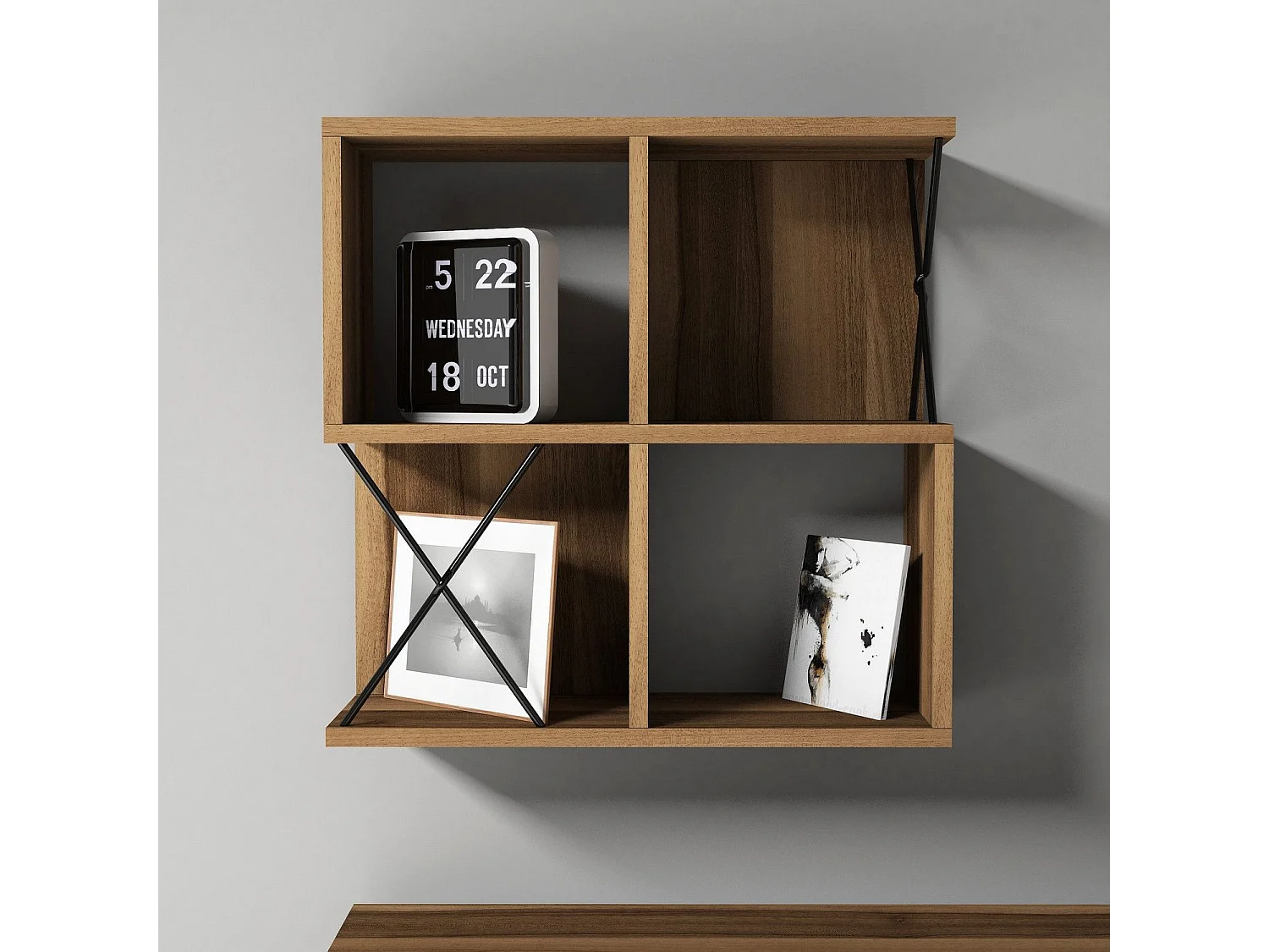 Estante de pared moderno – 60 x 60 x 24 cm – nogal y negro – tablero de partículas revestido de melamina