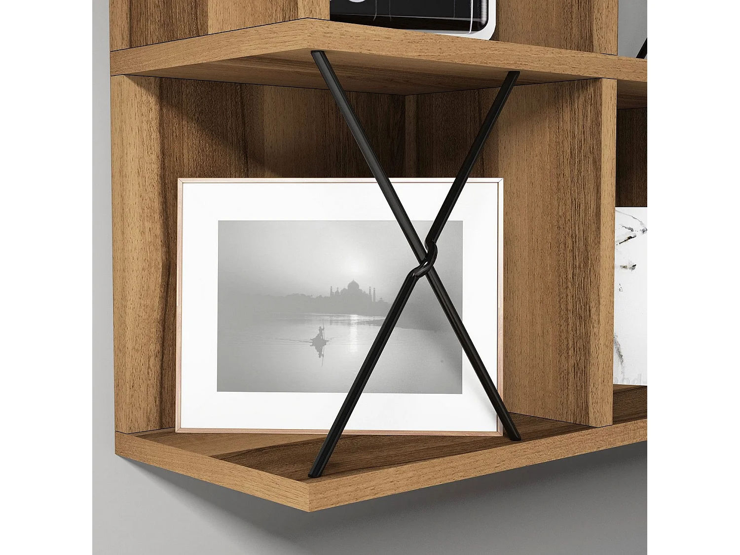 Estante de pared moderno – 60 x 60 x 24 cm – nogal y negro – tablero de partículas revestido de melamina