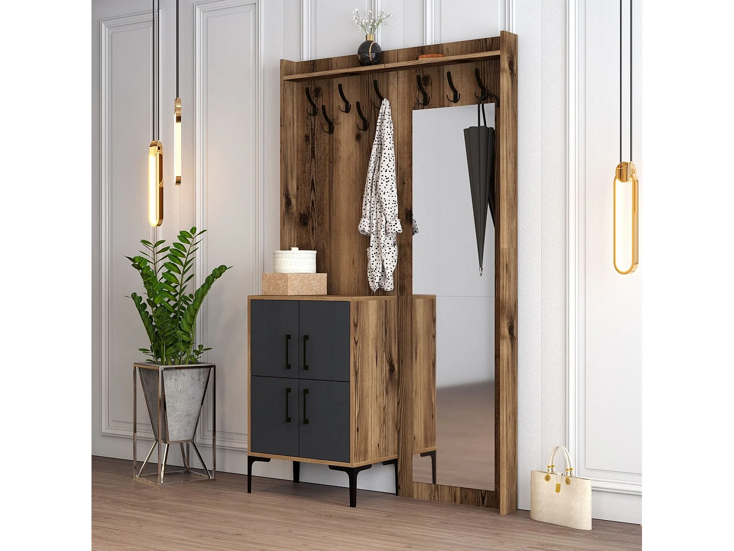 Portemanteaux 4 portes et Miroir Shera 120x200cm Bois Naturel et Anthracite