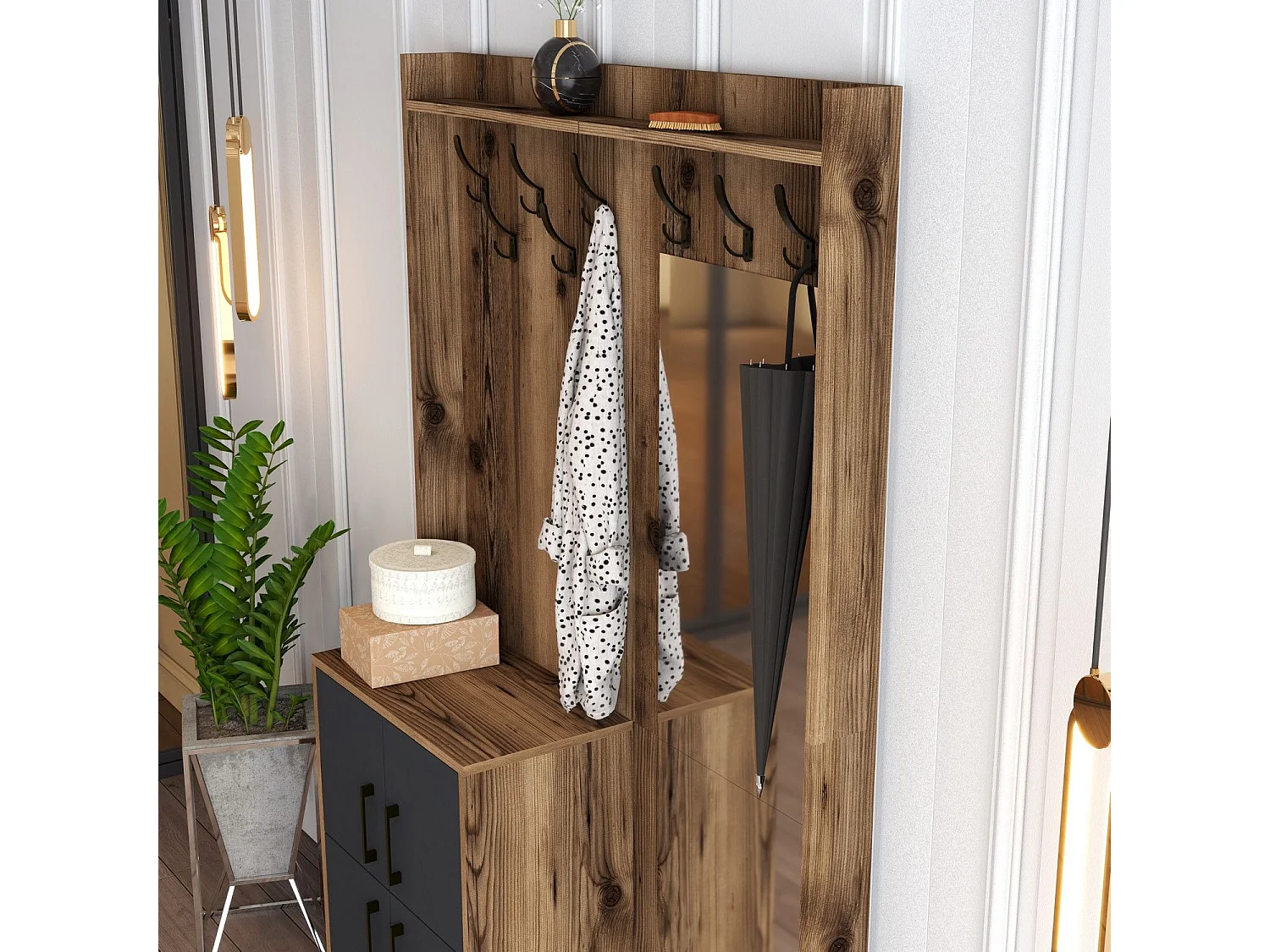 Portemanteaux 4 portes et Miroir Shera 120x200cm Bois Naturel et Anthracite