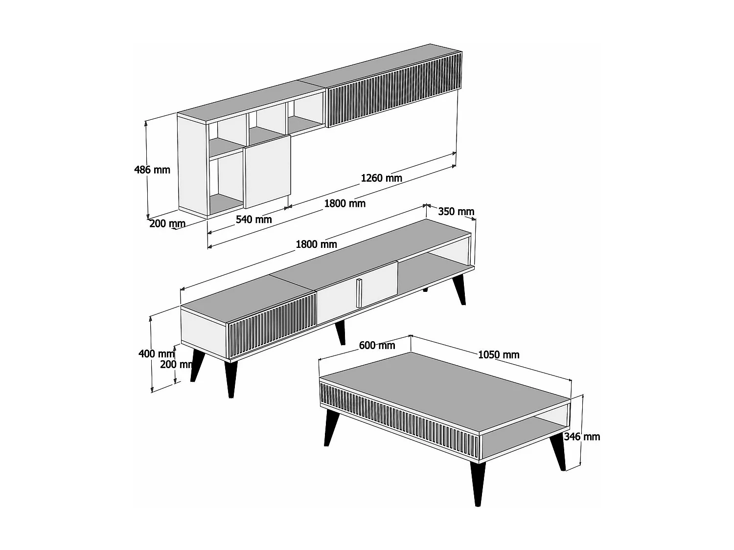 Ensemble meuble Tv, table basse et étagère murale design Ribera Bois foncé et Effet marbre Noir