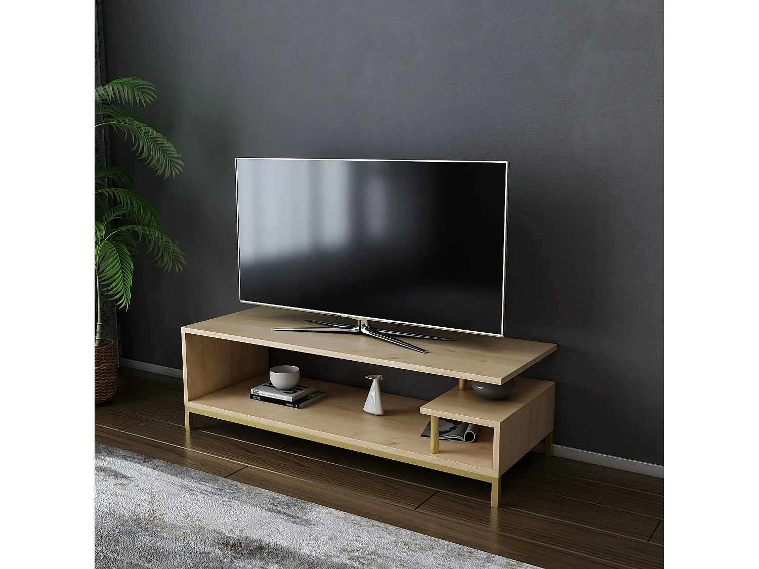 Meuble Tv design Kyrisa L120cm Métal Or et Bois Chêne clair