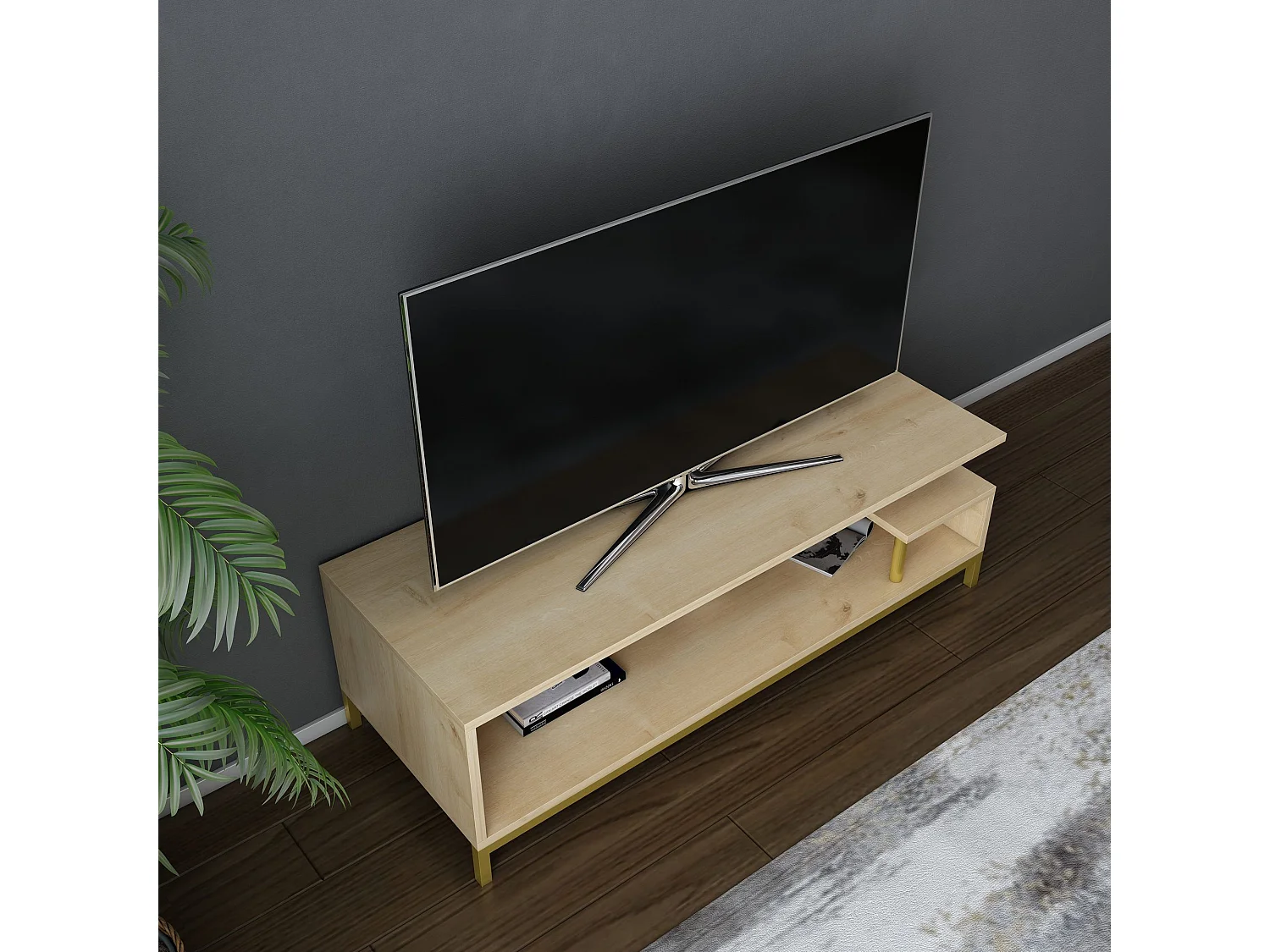 Meuble Tv design Kyrisa L120cm Métal Or et Bois Chêne clair