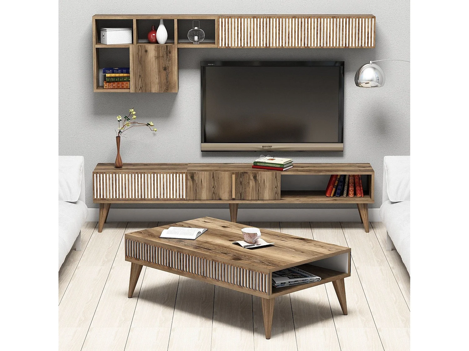 Ensemble meuble Tv, table basse et étagère murale design Ribera Bois foncé et Blanc