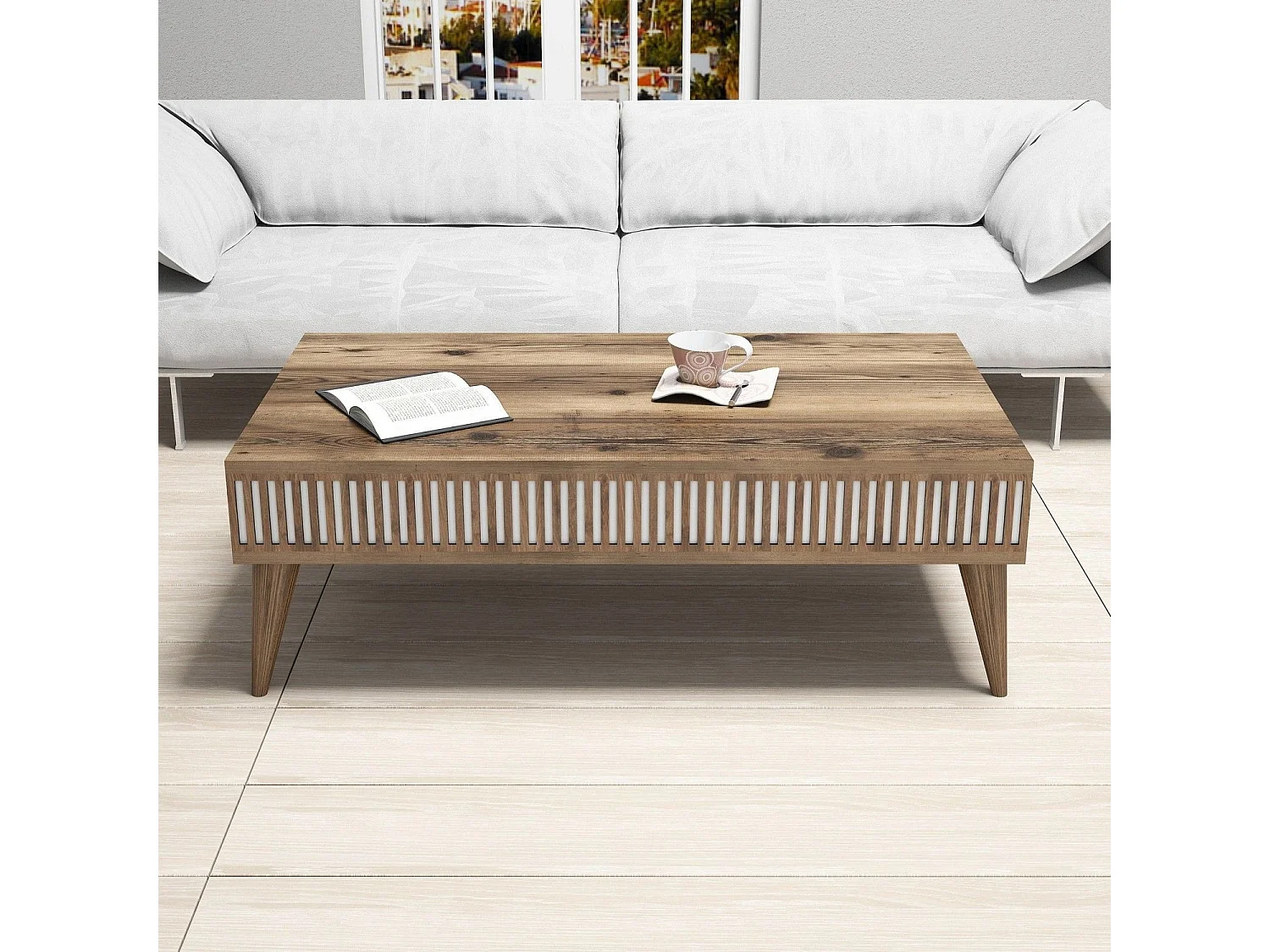 Ensemble meuble Tv, table basse et étagère murale design Ribera Bois foncé et Blanc