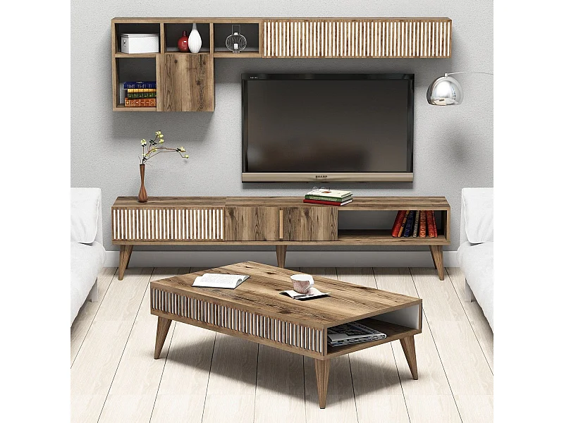 Ensemble meuble Tv, table basse et étagère murale design Ribera Bois foncé et Blanc