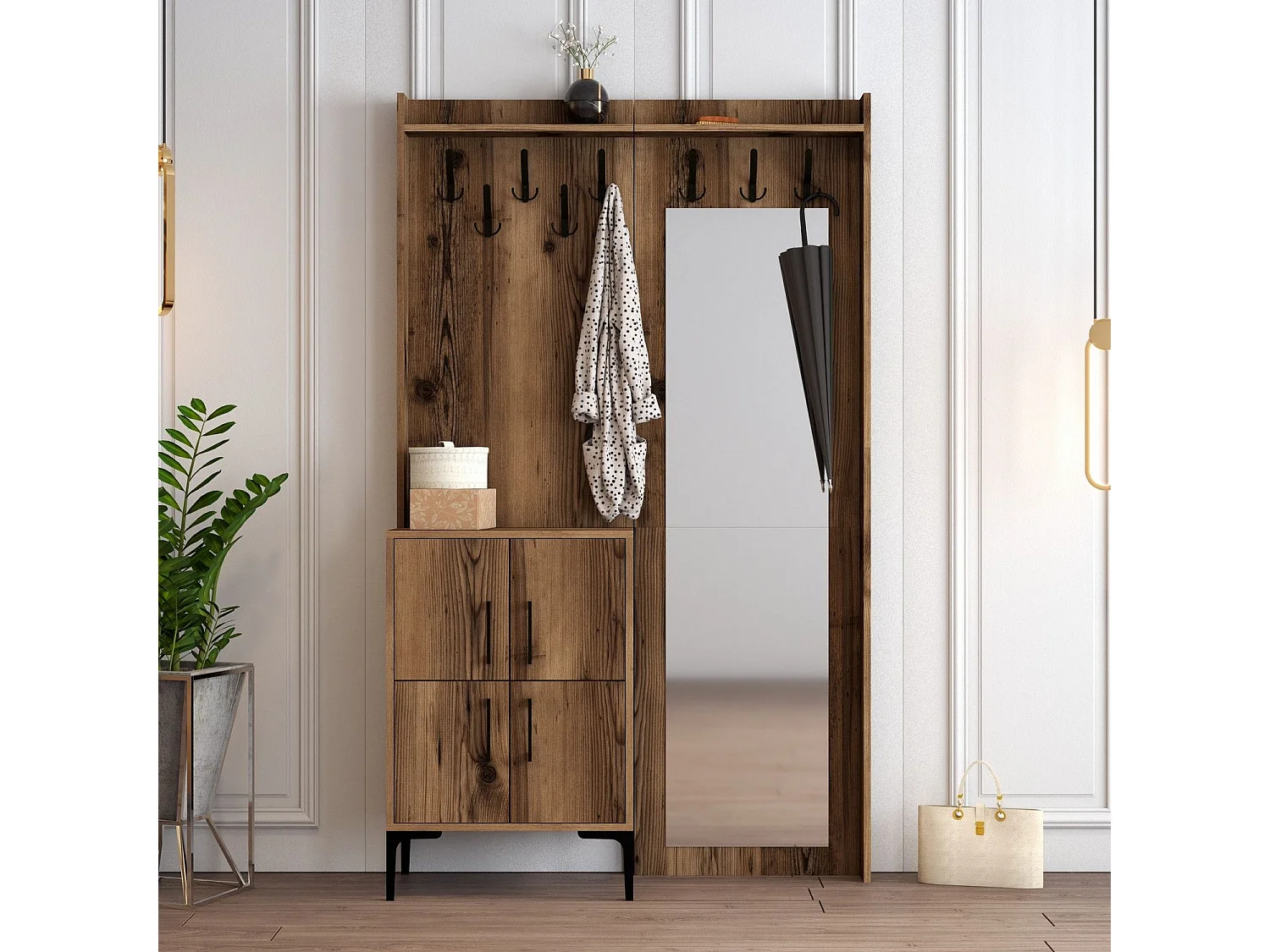 Portemanteaux 4 portes et Miroir Shera 120x200cm Bois Naturel