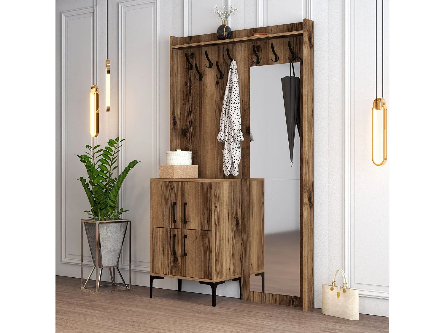 Portemanteaux 4 portes et Miroir Shera 120x200cm Bois Naturel