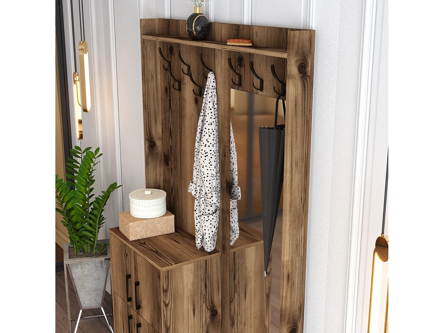 Portemanteaux 4 portes et Miroir Shera 120x200cm Bois Naturel