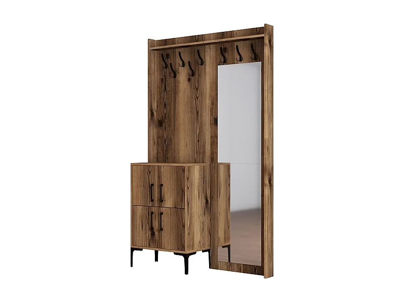 Portemanteaux 4 portes et Miroir Shera 120x200cm Bois Naturel