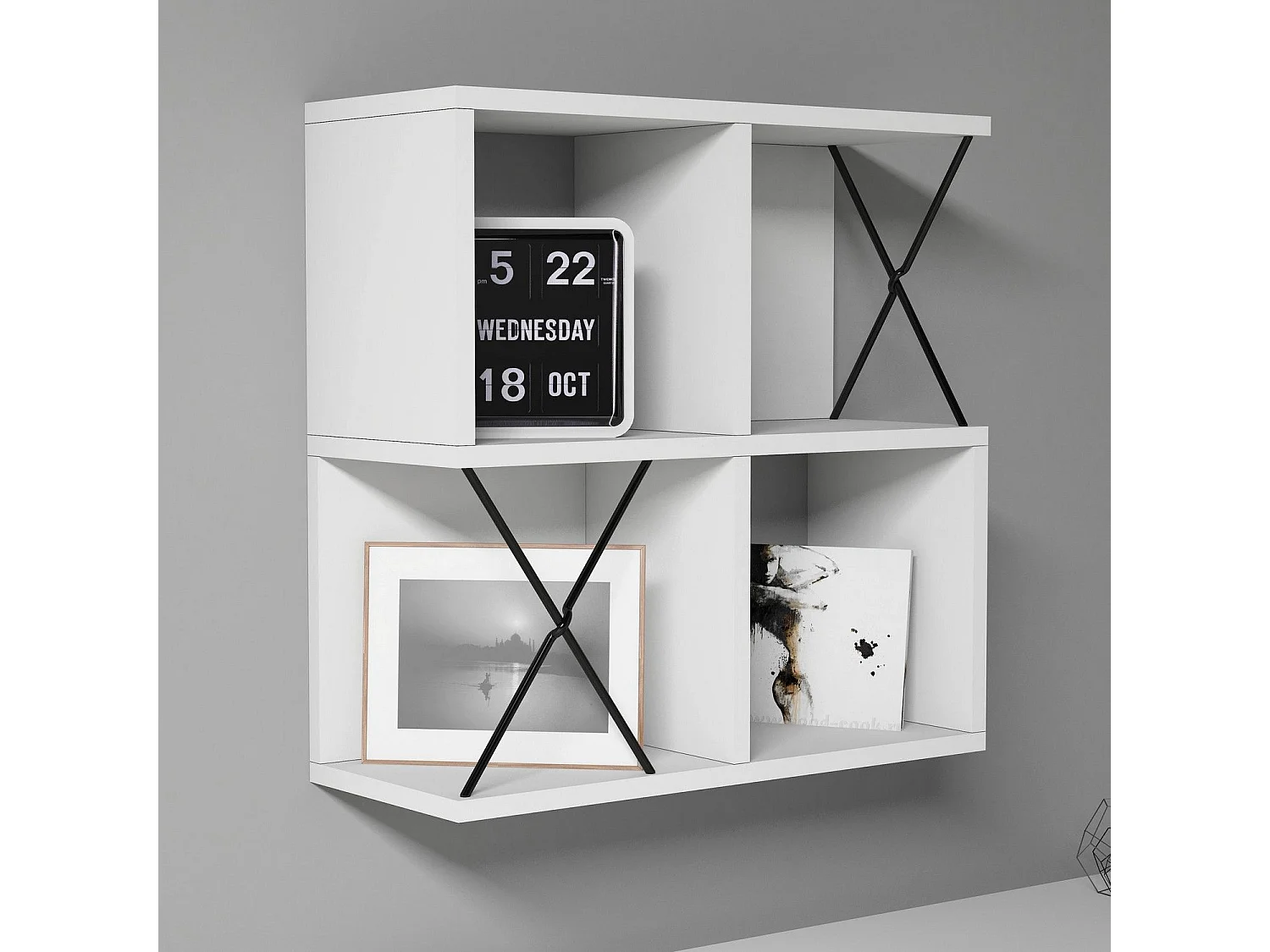 Prateleira de parede – 60 x 60 x 24 cm – Branca e preta – Painel de partículas revestido a melamina