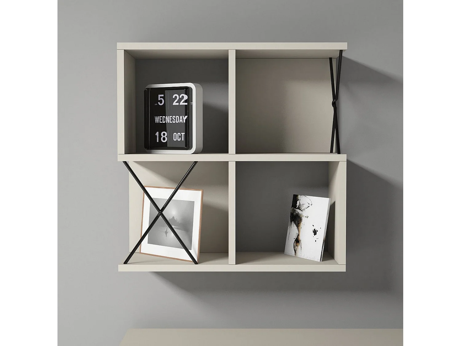 Estante de pared moderno – 60 x 60 x 24 cm – Crema y negro – Tablero de partículas recubierto de melamina