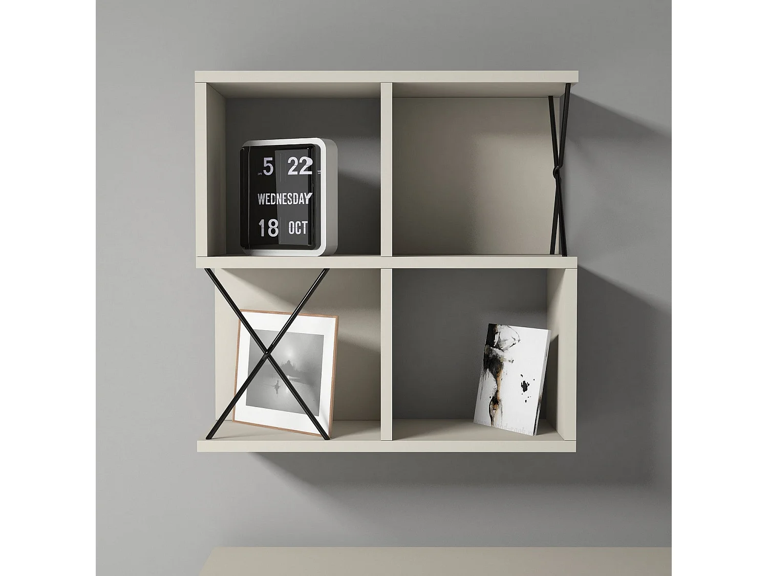 Prateleira de parede moderna – 60 x 60 x 24 cm – creme e preta – painel de partículas revestido de melamina