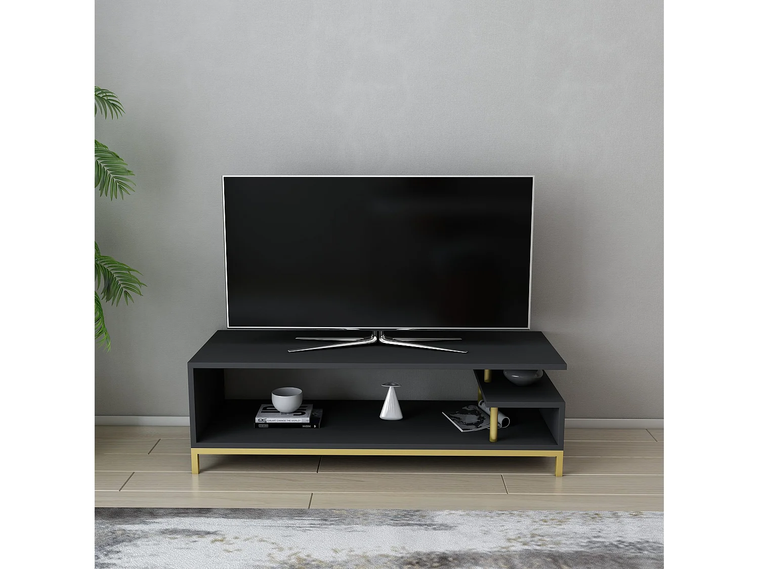 Glamouröser TV-Ständer, Gold und Anthrazit, 120 x 44,6 x 37,6 cm | 100 % melaminbeschichtete Spanplatte, 18 mm stark | Elegant und funktional für moderne Wohnzimmer